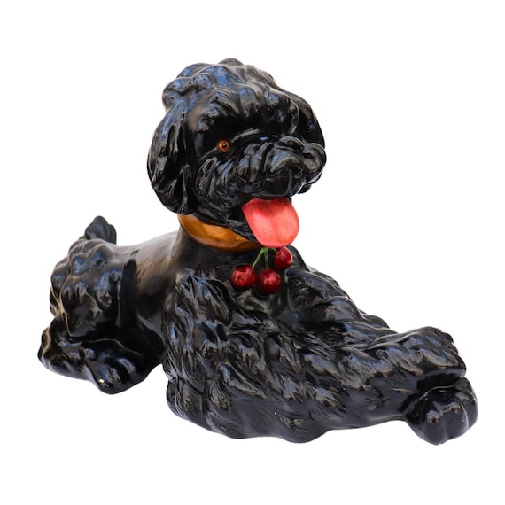Large Mid Century British Black Chalkware Poodle Dog With Red Cherries Collar Glass |Eyes Sculpture In Resting Position 22 Inches Long