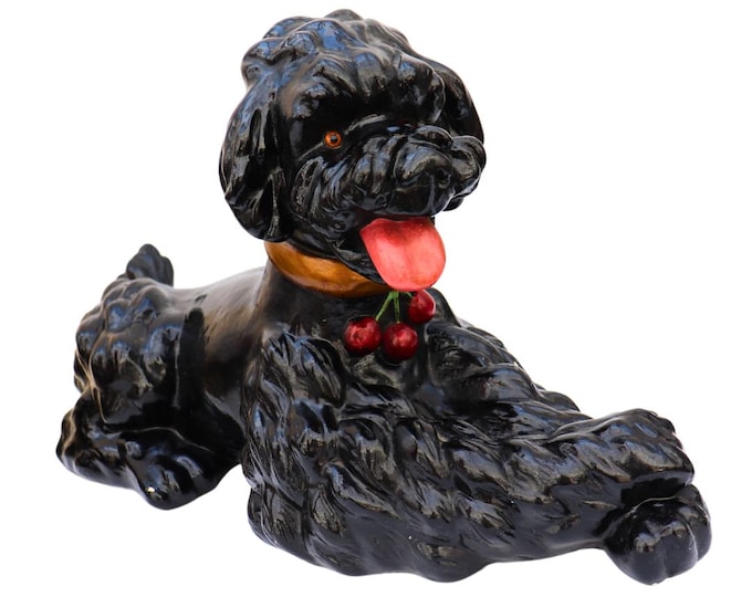 Large Mid Century British Chalkware Poodle Dog Sculpture: Red Cherries Collar, 22 Inches