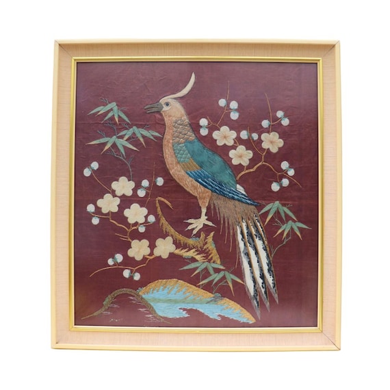 Vintage Chinese Framed Embroidered Silk Bird Of Paradise Artwork, Chinese Silk Art