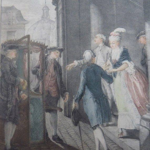 Antique Coloured Etching After Moreau Le Jeune Title Les Precautions From Le Monument de Costume Physique et Moral