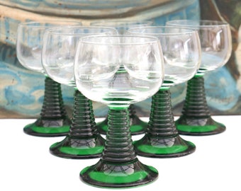 Mid Century Set of 6 Roemer wine glasses with green stem , Retro sweet wine glasses, Luminarc Sweet Wine Glasses Made In France