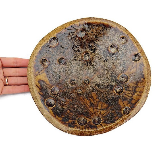 Studio Pottery Round Trinket Dish Catch all Tray Brown Abstract Design D 9'' Fiona