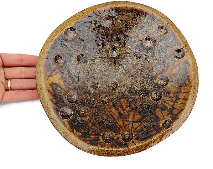 Studio Pottery Round Trinket Dish Catch all Tray Brown Abstract Design D 9'' Fiona