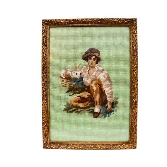 Old Needle Point Wooden Golden Frame Kid With Rabbit After Oil Painting By Sir Henry Raerburn, Cottage Core Wall Decor