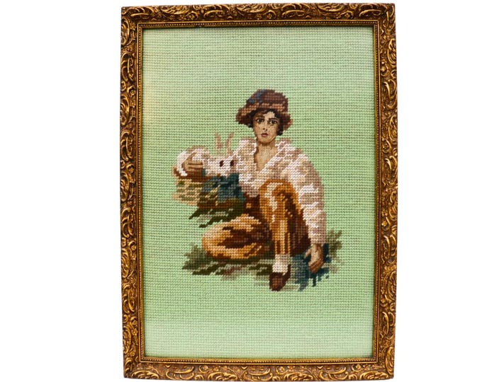 Vintage Needlepoint Art: Boy with Rabbit, Golden Frame Cottage Decor