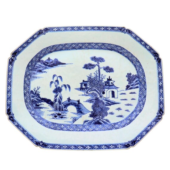 18C Chinese Export Qianlong Blue & White Porcelain Octagonal Platter Estuary Landscape 13''