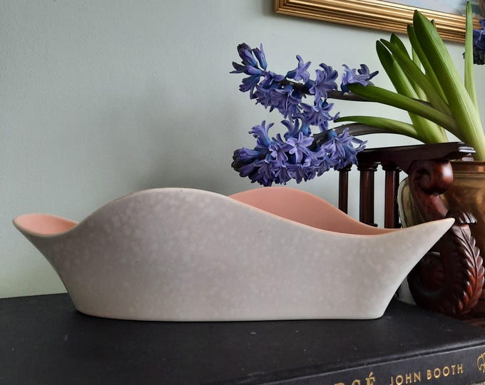 Large Mid Century Poole Pottery Vase: Peach & Seagull Freeform Boat Design 13.5'' Long