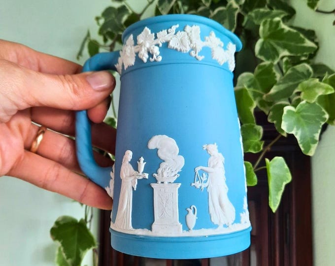 50's Wedgwood Light Blue and White Jasperware Trojan Jug 5'' Tall  Neoclassical Made In England 1952