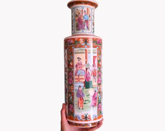 Mid Century Tall Chinese Famille Rose Style Transferware Floor Vase Courting Scene 18.2'' Tall