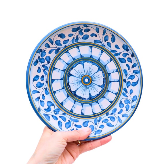 Vintage Caltagirone Pottery Wall Plate Made In Italy D 9.2 inches Blue and Orange Tones Mediterranean Decor
