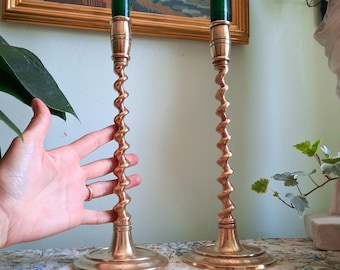 Tall Mid Century Chinese Spiral Stem Engraved Brass Candle Holders Pair . 2 Pairs available.