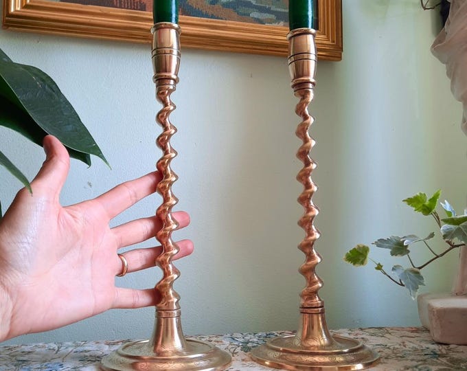 Tall Mid Century Chinese Spiral Stem Engraved Brass Candle Holders Pair . 2 Pairs available.