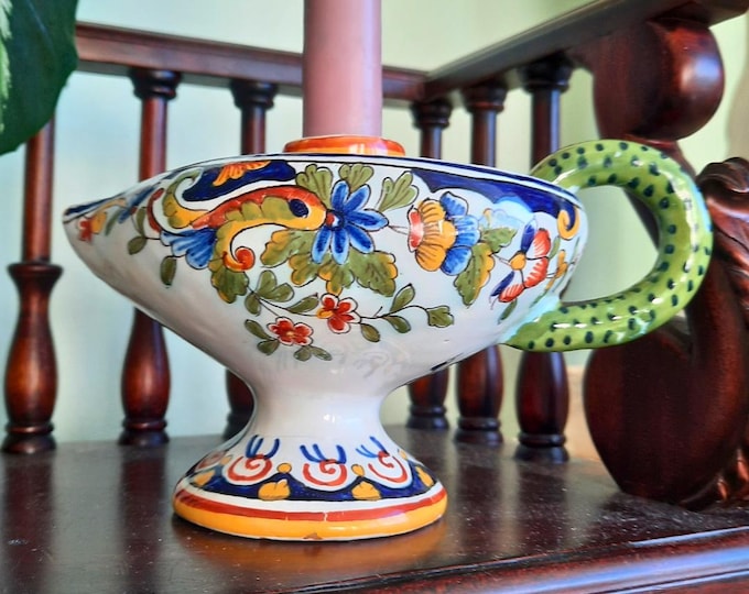 Antique French Faience Rouen Hand Painted Polychrome Chamberstick Candleholder  C 1880's.