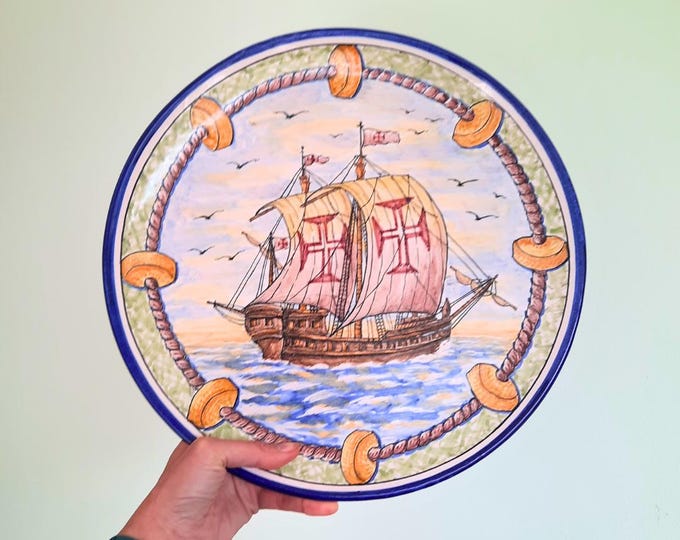 Large Portuguese Hand-Painted Pottery Galleon Ship Wall Plate XVII Century Style 14 in Wide