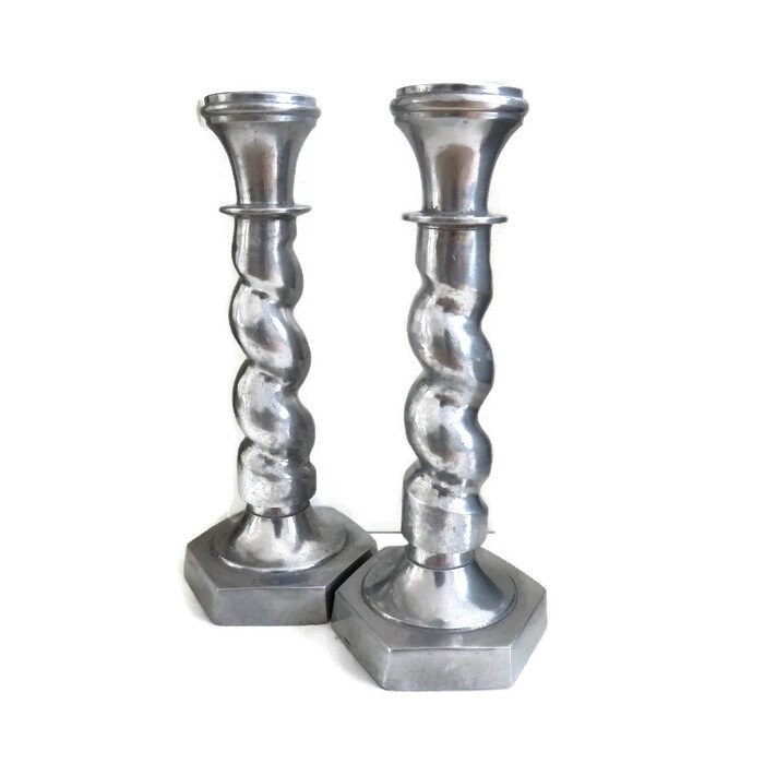 Vintage Aluminium Barley Twisted Candle Holders Hexagonal Base H 22 cm.
