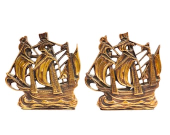 ヴィンテージ真鍮ガレオン船用ブックエンド - 1930年頃の航海装飾