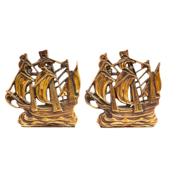 Antique Mayflower Brass Galleon Bookends, British Brass Bookends, Old Galleon Bookends