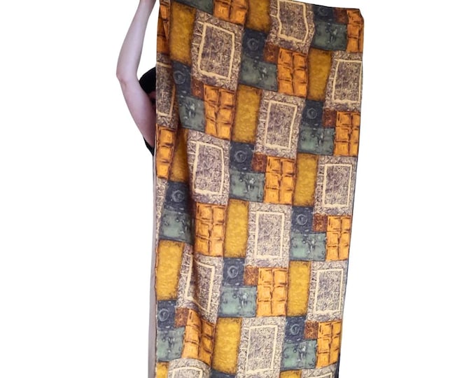 Original Mid Century Modernist Barkcloth Single Lined Curtain Panel Mustard and Olives Tones 63'' Tall BY 43'' Wide