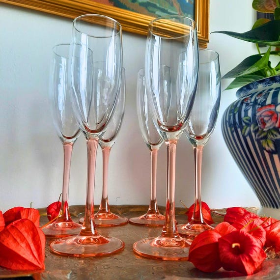Vintage Set of 6 Luminarc Pink Stem Champagne glasses , French Champagne glasses , French Glasses