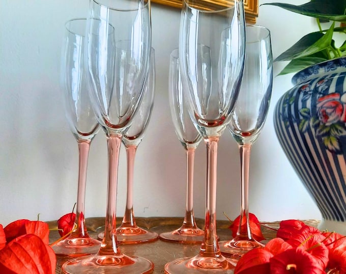 Vintage Set of 6 Luminarc Pink Stem Champagne glasses , French Champagne glasses , French Glasses