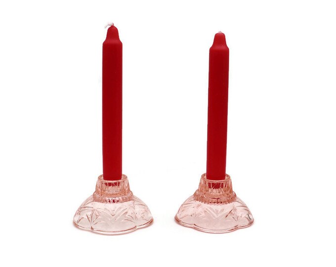 1940's Pink Pressed Glass Candlestick Holders Made In England