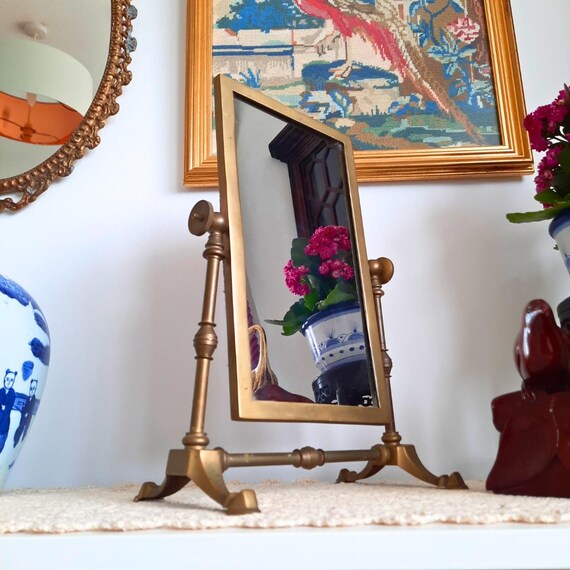 Mid Century Rectangular Georgian Style Brass Table Top Tilting Mirror