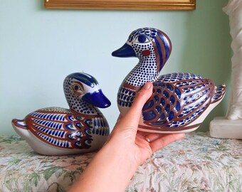 Large Vintage Hand Painted Tonala Mexican Ceramic Ducks Birds Pair 7.2'' Tall