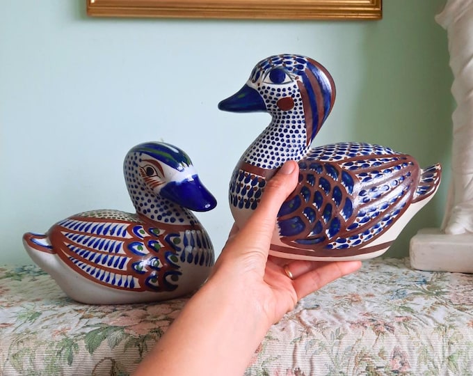 Large Vintage Hand Painted Tonala Mexican Ceramic Ducks Birds Pair 7.2'' Tall
