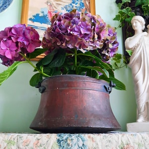 May include: A large, weathered copper pot with a flared base and two small side handles, containing a vibrant bouquet of purple and magenta hydrangea flowers with deep green leaves, showcasing a rich metallic patina and a sturdy construction.