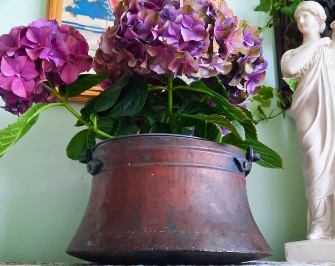 Antique French Rustic Handcrafted Copper Farmhouse Cauldron Jardiniere With Handle