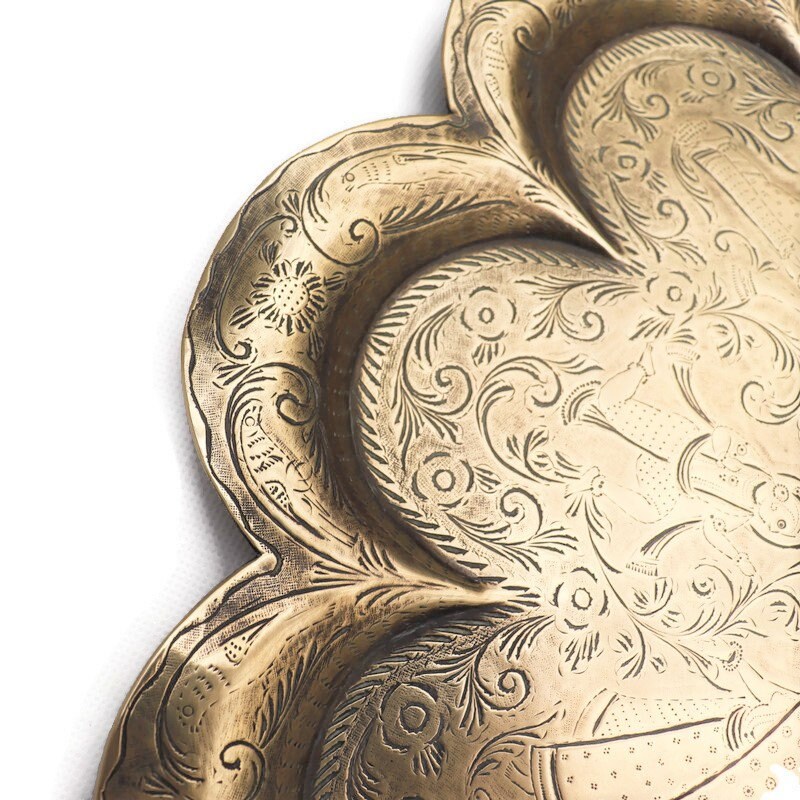 Large Antique Indian Hand Engraved Brass Tray With Figural and Foliate