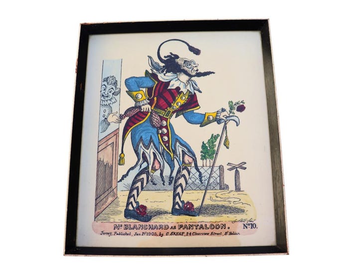 Antique Framed Hand-Coloured Pantaloon Engraving: Commedia Del'Arte Wall Decor