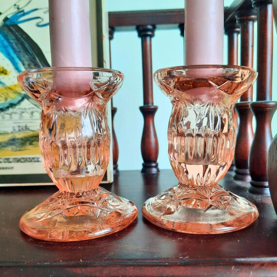 Pink Pressed Glass Candlestick Holders Made In England, Pink Home Decor.