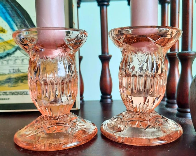 Pink Pressed Glass Candlestick Holders Made In England, Pink Home Decor.