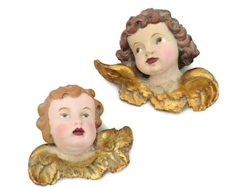 Mid Century ANRI Italy Hand Carved Cherubs Christmas Ornament Pair .Unique Wooden Carved Christmas Ornament Angels.