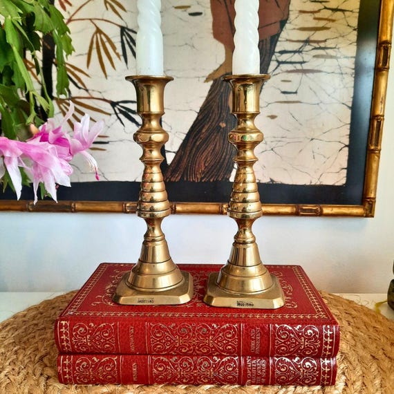 Antique Victorian Pair Beehive Brass Candlesticks Pair H 7'' Tall