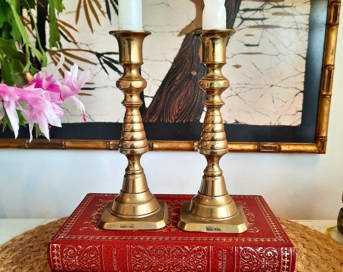 Antique Victorian Pair Beehive Brass Candlesticks Pair H 7'' Tall