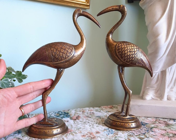 11'' Large Mid Century Indian Engraved Brass Stork Birds Figures Pair 28 cm Tall, Large Brass Animal Decor.