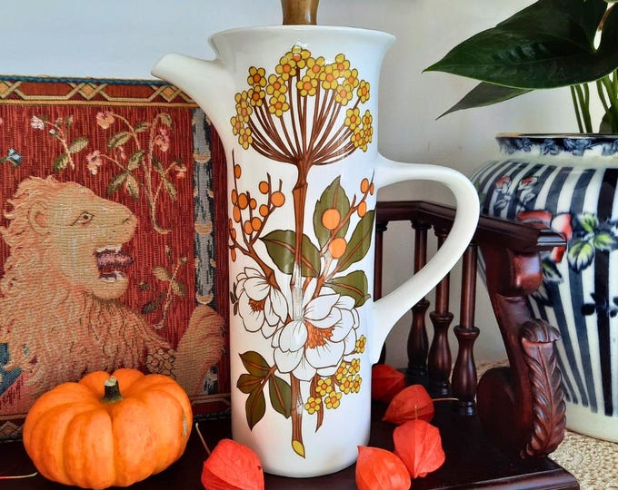 Large Midwinter Meadowsweet Pattern Mid Century Coffee Pot, Large Autumn Floral Retro Coffee Pot
