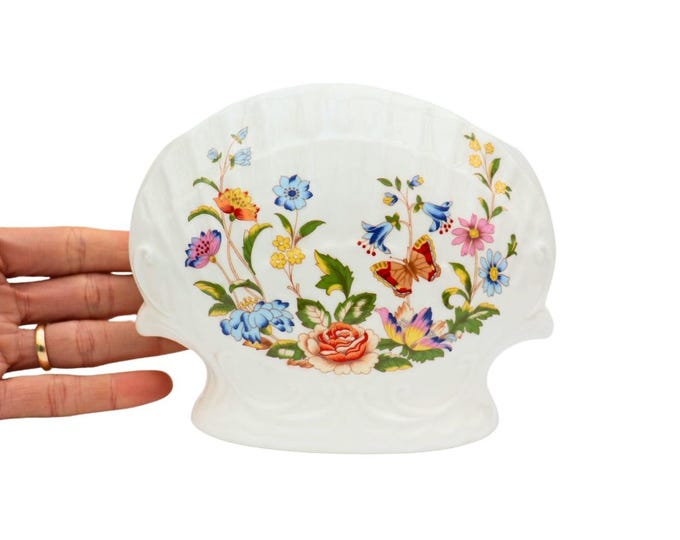 Vintage Aynsley English Fine Bone China Shell Vase-Napkin Holder “Cottage Garden” butterflies