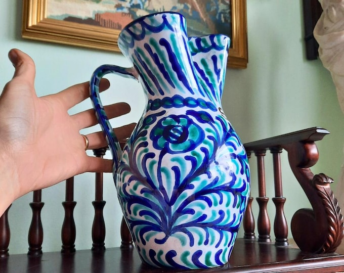 Large Fajalauza Granada Spanish Hand-thrown Pottery Sangria Pitcher Jug Hand-Painted Decoration