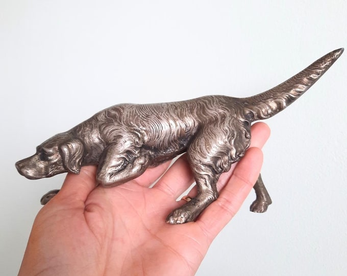 Antique Edwardian Nickelled Iron Setter Dog Hound Sculpture Figure c 1910'S