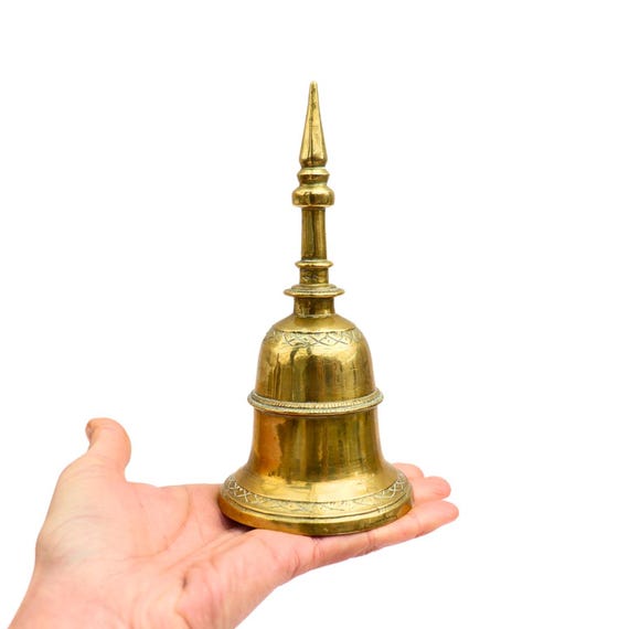 Vintage Large Indian Buddhist Temple Brass Bell Tall 7.2'' , Yoga Meditation Room Decor