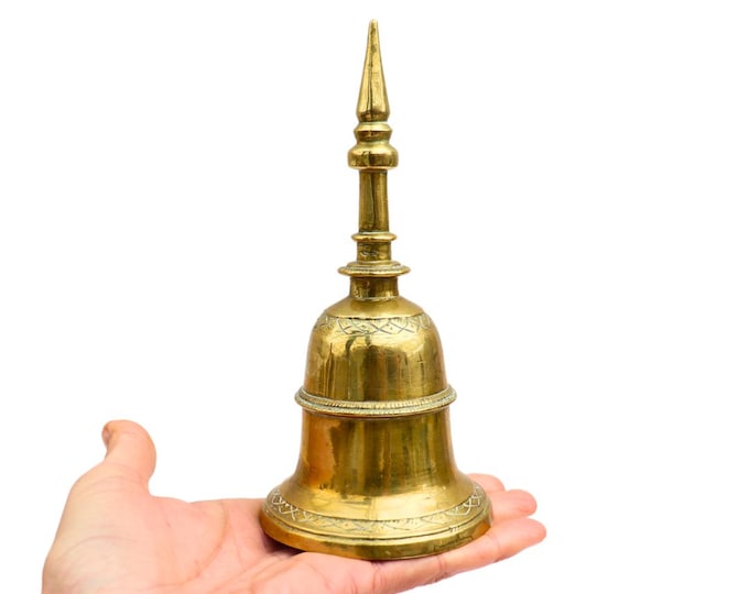 Vintage Large Indian Buddhist Temple Brass Bell Tall 7.2'' , Yoga Meditation Room Decor