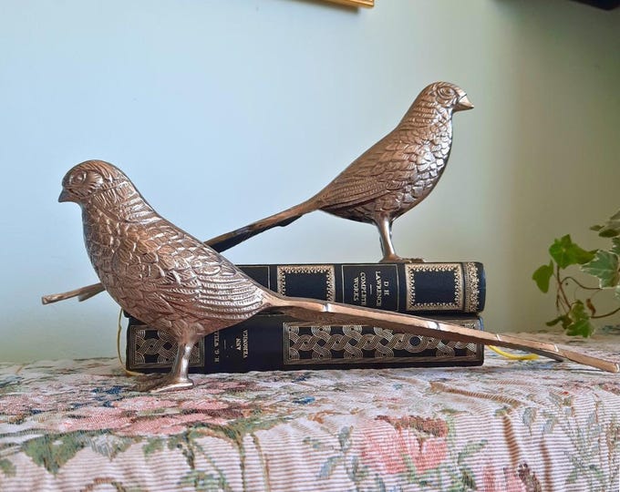 Large Mid-Century Silver Tone Pheasants Figures Pair C 1970's. French Country Style Birds