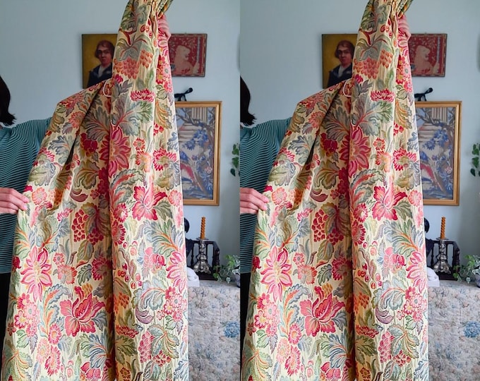 Vintage Pair of Pencil Pleat Jacquard Cotton Lined Bay Curtains Floral 135 cm High