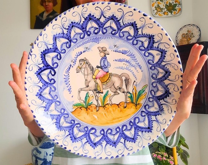 Very Large Spanish Hand Painted Man on Horseback Wall Plate 19th Century Style 16.2'' D