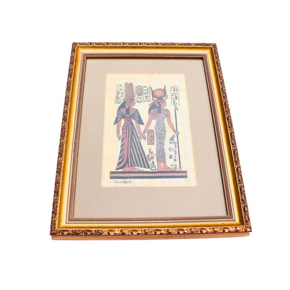 Golden Wooden Framed Queen Nefertari & Goddess ISIS Egypt Papyrus H 14.5 inches tall