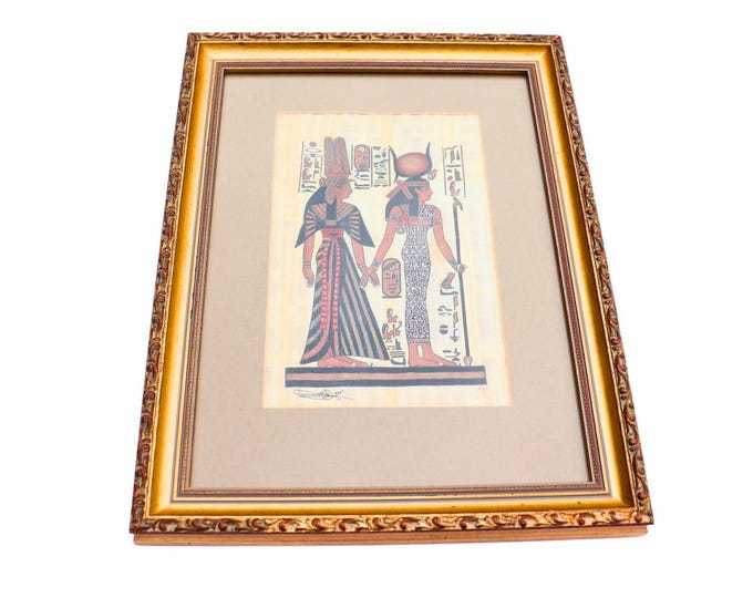 Golden Wooden Framed Queen Nefertari & Goddess ISIS Egypt Papyrus H 14.5 inches tall