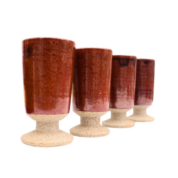 4 Studio Pottery Goblets Earthy Tones Hand-thrown Pottery